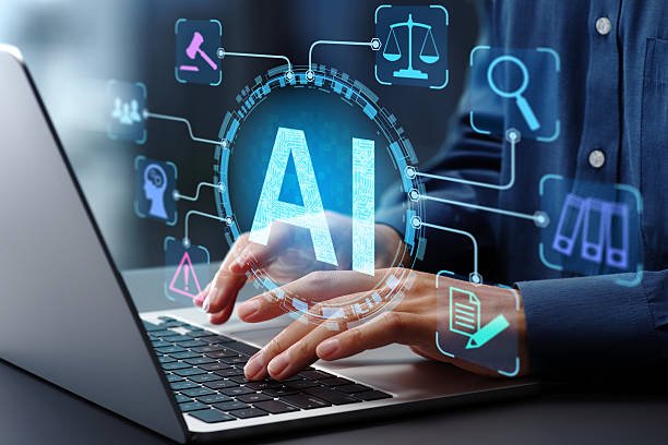 Person working on a laptop with AI icons overlaid