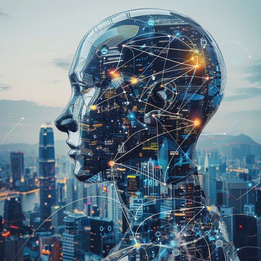 Artificial intelligence illustrated as a connected digital mind over a city