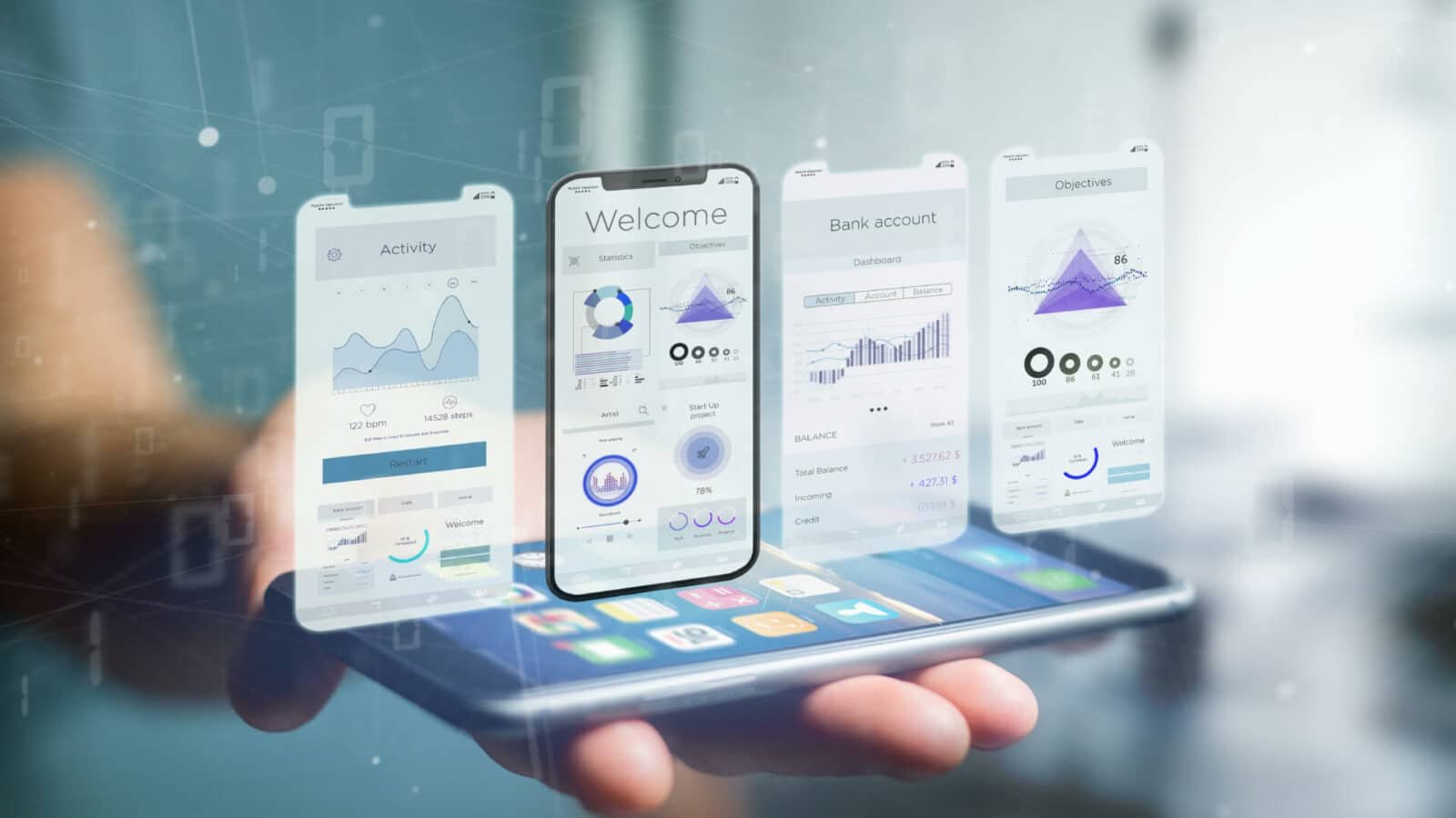 Mobile app screens floating above a smartphone