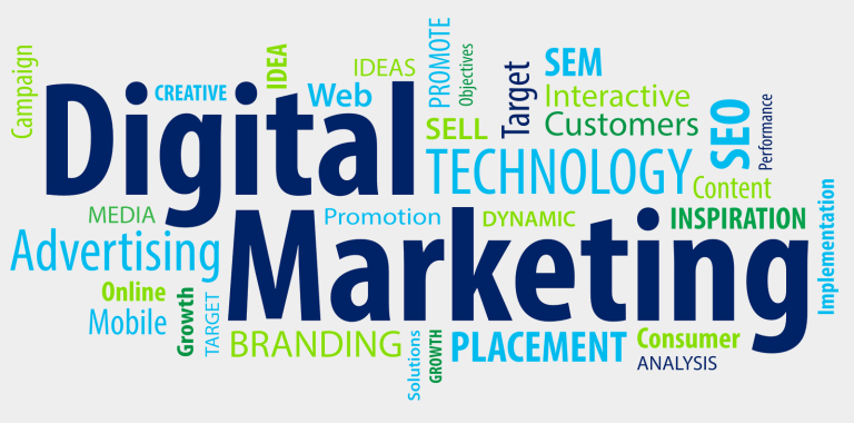 Digital marketing word cloud: SEO, advertising, branding, content